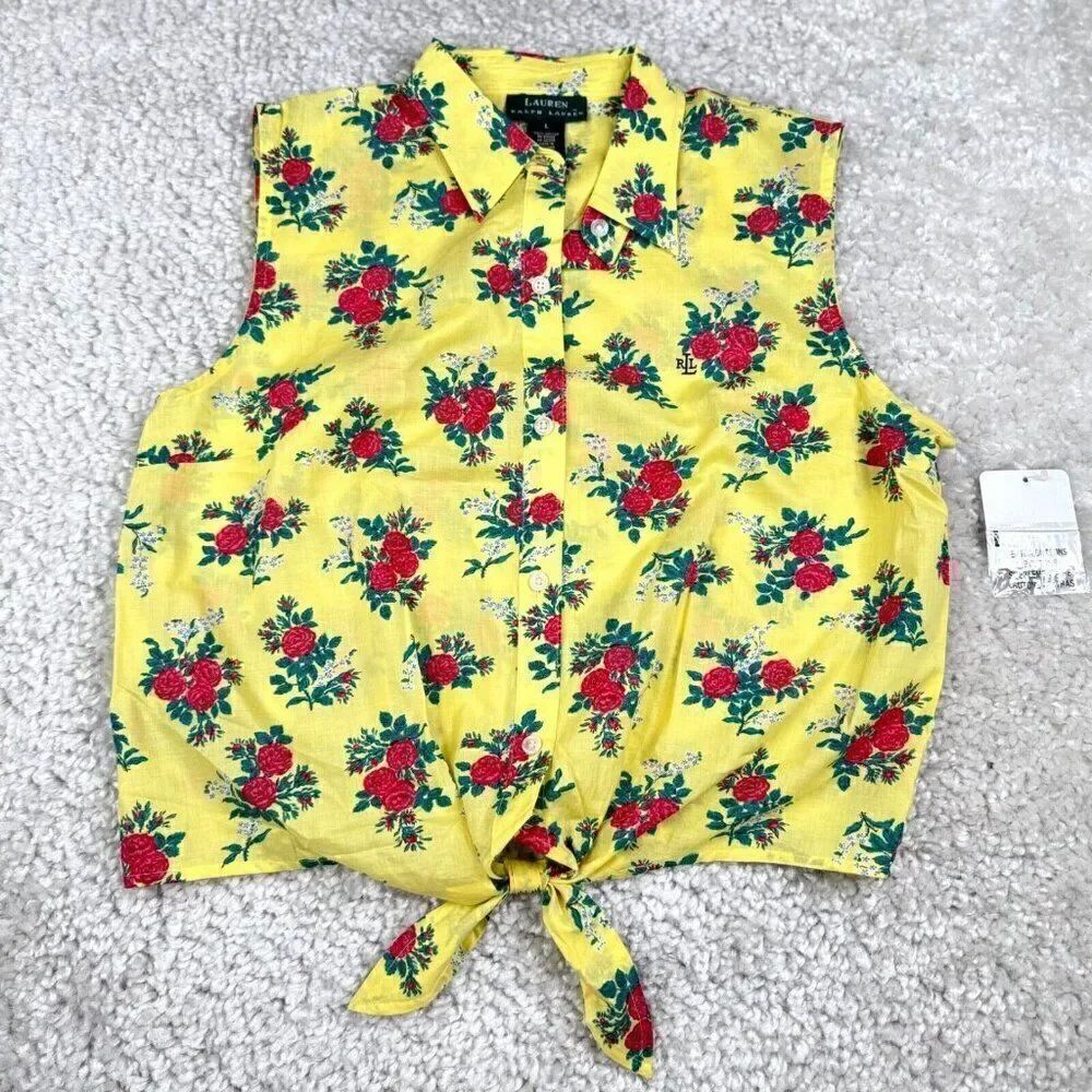 Lauren Ralph Lauren Yellow Red Rose Tie Front Crop Shirt Vintage NEW